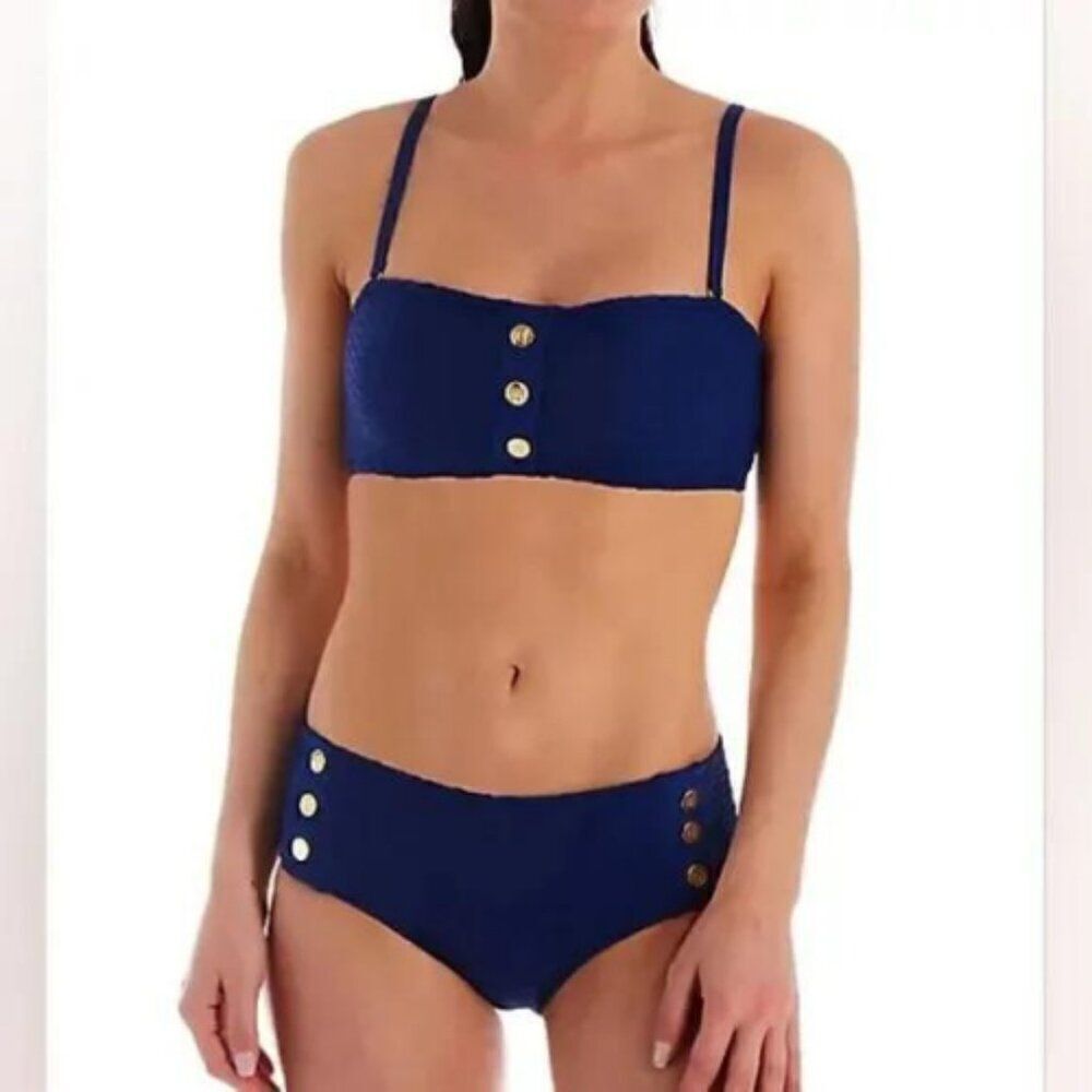 Bleu Rod Beattie Navy Wave Rider Bandeau Textured Two Piece Bikini Size 14